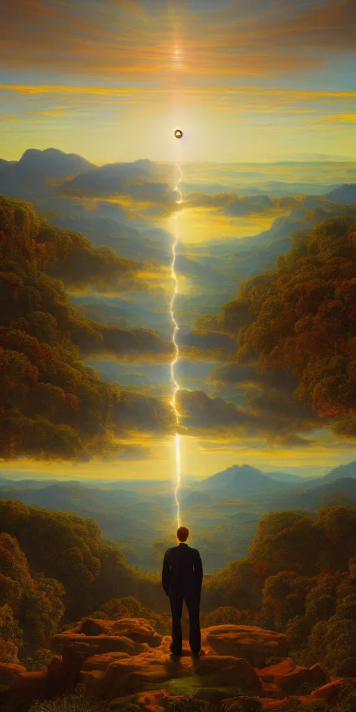 Image similar to symmetry!! god overlooking a surreal landscape of a dream, lucid dream, people, very detailed, serene, peaceful, golden hour, perfect lighting, perfect composition, digital art, illustration, frederic edwin church, tom white, 4 k