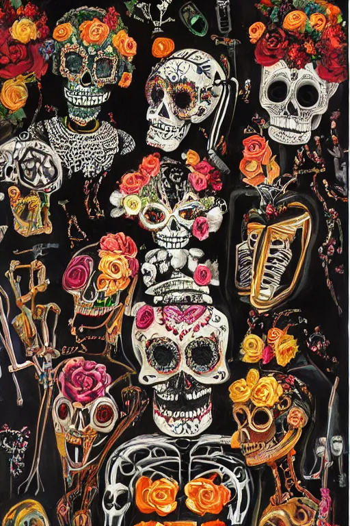 Prompt: scene from wedding, celebrating day of the dead, cyber skeletons, queen in black silk in the center neon painting by otto dix