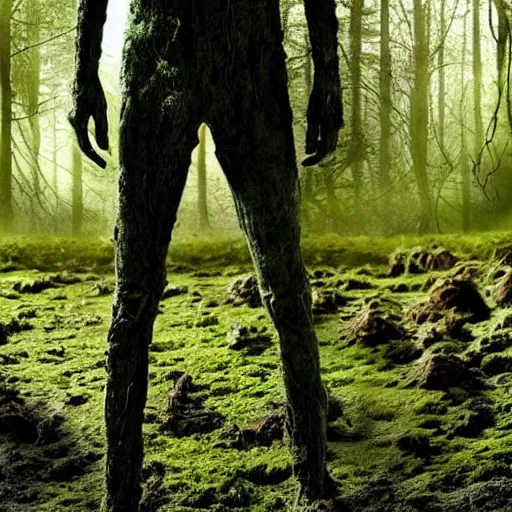 Prompt: Enigmatic Slender Man with Mud and Moss over his skin and plants growing on him is kneeling in a dirty pond, Photorealistic, Sunlight, Creepy, Photograph, National Geographic, Hyperdetailed