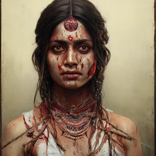 Prompt: portrait painting of a bloodied indian female butcher, ultra realistic, concept art, intricate details, eerie, highly detailed, photorealistic, octane render, 8 k, unreal engine. art by artgerm and greg rutkowski and alphonse mucha