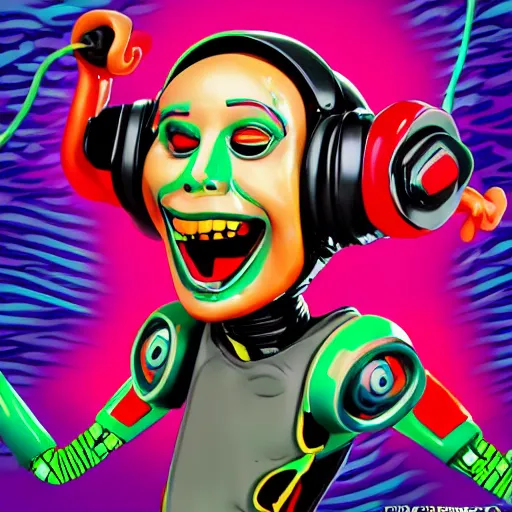 Prompt: artgerm, psychedelic laughing robot chicken by seth green, rocking out, headphones dj rave, digital artwork, r. crumb, svg vector