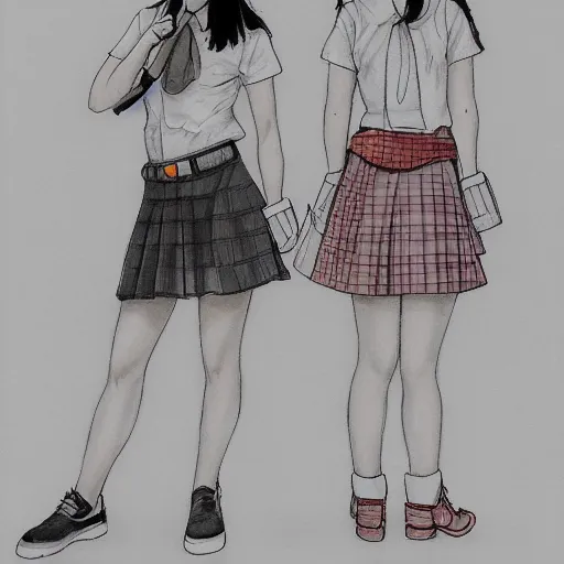 Image similar to a perfect, realistic professional digital sketch of two Japanese schoolgirls posing, in style of Marvel and DC, full length, by pen and watercolor, by a professional American senior artist on ArtStation, a high-quality hollywood-style sketch, on high-quality paper