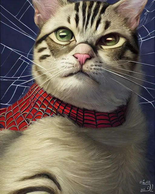 Prompt: spiderman if he were a cat | highly detailed | from the pixar film sneaky cats | very intricate | cinematic lighting | award - winning | closeup portrait | by donato giancola and mandy jurgens and charlie bowater | featured on artstation