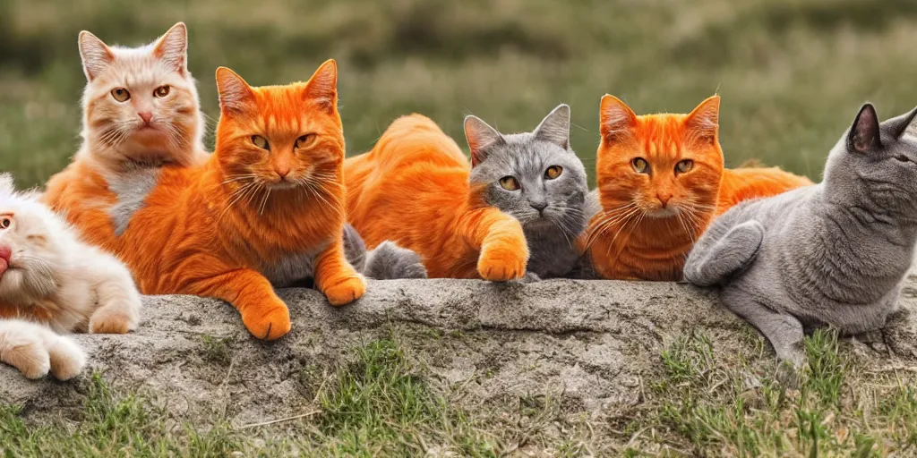 Image similar to three orange cats and two grey cats relaxing in a field