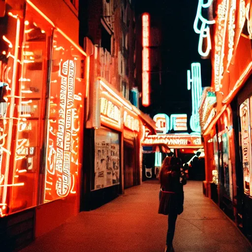 Prompt: portra 800 street photography, the subject is blurry because it's in motion, film portra photography neon signs