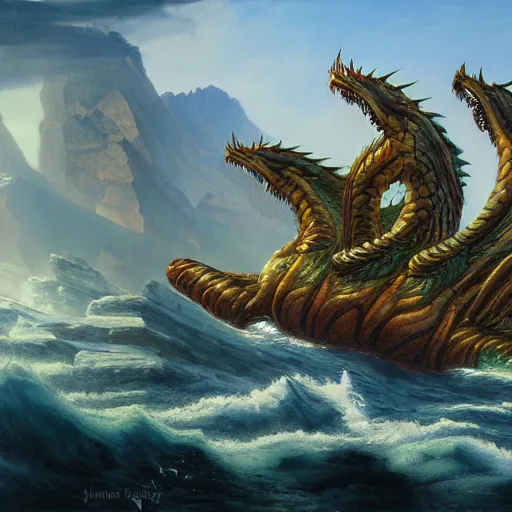 Image similar to a painting of a mythical hydra by james gurney, 8k unreal engine