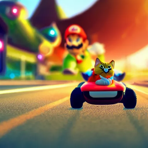 Image similar to cat driving mario kart on realistic road, motion blur, clear sky, golden hour, unobstructed road, artstation