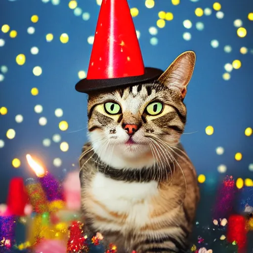 Image similar to a photo of a Cat wearing a birthday hat, studio portrait, fireworks in background