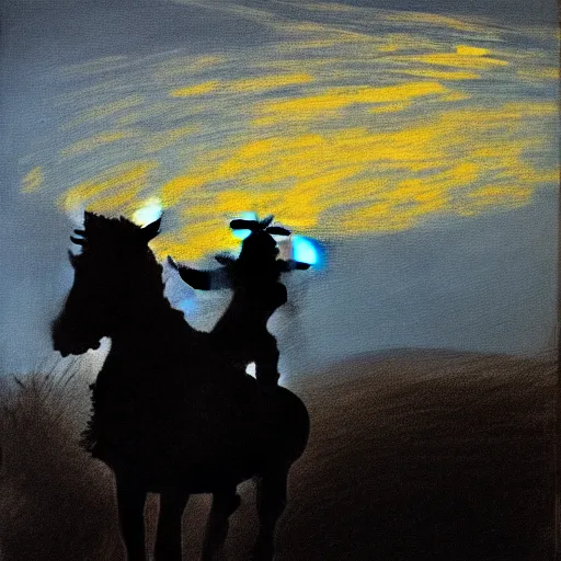 Image similar to a painting of a silhouette of a cowboy riding a horse into the dark horizon, high contrast, black and blue color scheme, dark, creepy, night, far away, in the distance, in the style of Monet