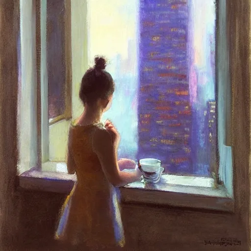 Image similar to “ a girl holding a cup of coffee looking out a window overlooking the east village in new york city, morning light, by daniel gerhartz ”