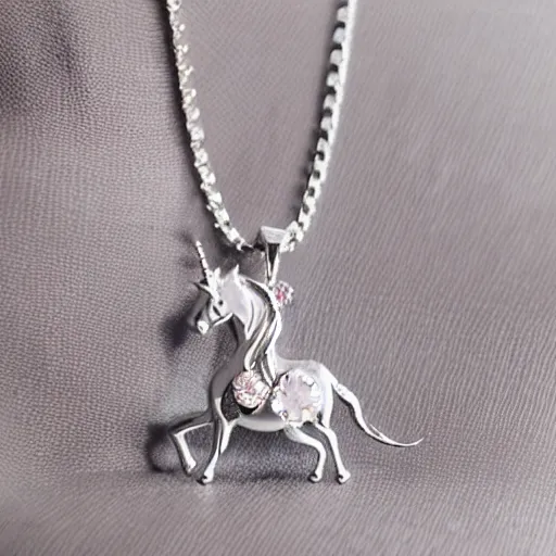 Image similar to a lovely silver cartoon unicorn necklace pendant, 3 d rendering, pandora style, tiffany style, swarovski style, van cleef & arpels style, cartier style, boucheron style, bulgari style, chaumet style, elegant, noble, stylish