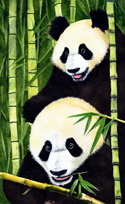 Image similar to a watercolor painting of a panda eating bamboo, dynamic lighting, photorealistic, ambient lighting, atmospherical, stunning visuals, trending on art station