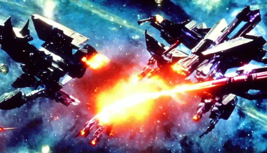 Image similar to full - color cinematic movie still from a live - action macross action film directed by michael bay. the scene features the valkyrie robots from macross fighting against zentradi in space or on planets, and changing to gerwalk mode. realistic robotech movie. highly - detailed ; photorealistic ; epic.