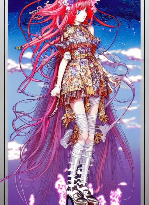 Image similar to highly detailed artstation katsuhiro otomo fluorescent fantastic fate manga poster of princess mechine, minaba hideo,, long hair, armor, laces, ruffles, 8 k, maximalist, art nouveau,