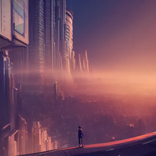 Image similar to alone person facing the desperate call of the void, futuristic cityscape, unreal 5 render, vivid colors, high detail, clear weather, studio ghibli, history painting, digital art, octane render, beautiful composition, trending on artstation, award - winning photograph, masterpiece