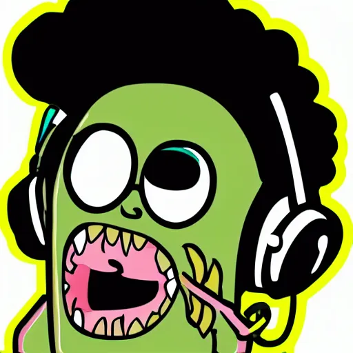 Image similar to a pickle-rick, svg sticker, vector art, wearing headphones, jamming to music