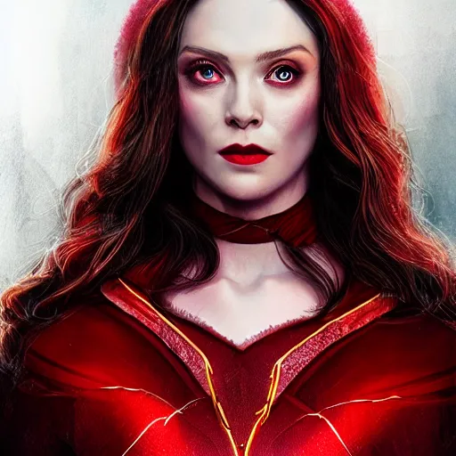 Image similar to A portrait of elizabeth in scarlet witch costume, cinematic, digital art, amazing detail