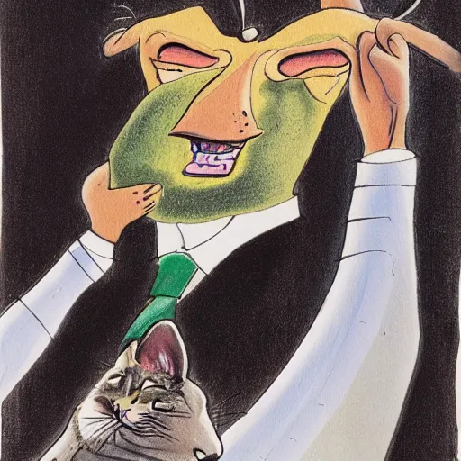 Prompt: a detailed portrait painting of a man with a cat on his back by gerald scarfe