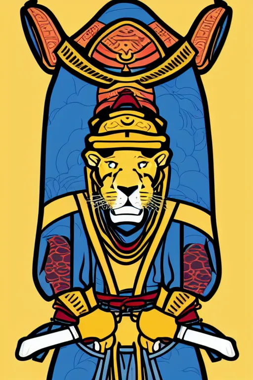 Prompt: Portrait of a lion as a samurai, samurai, japan, anime, sticker, colorful, illustration, highly detailed, simple, smooth and clean vector curves, no jagged lines, vector art, smooth