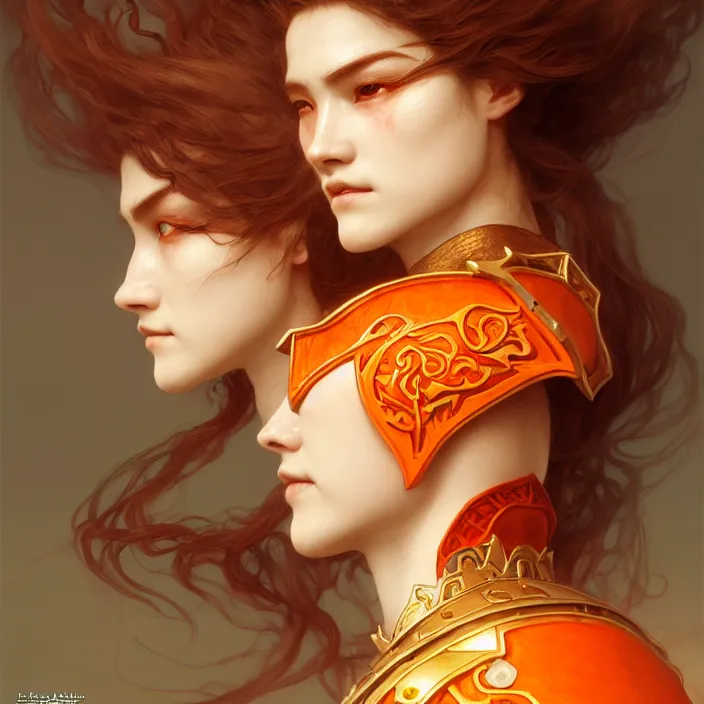 Image similar to head and shoulders portrait of a d & d ranger with her porcelain armor, chinese kangxi orange and white, volumetric lighting, fantasy, intricate, elegant, lifelike, photorealistic, artstation, concept art, sharp focus, by john collier and albert aublet and krenz cushart and artem demura and alphonse mucha