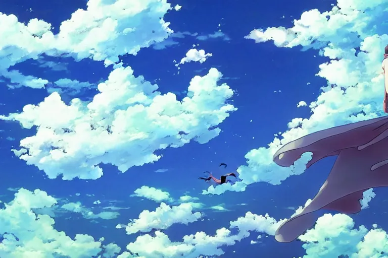 Prompt: painting of a dreamy cloudscape!, a flying dragon!!! in the foreground, exterior wide shot, otherworldly and ethereal by kazuo oga in the anime film by studio ghibli, screenshot from the anime film by makoto shinkai