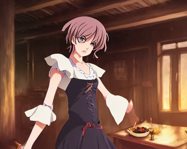 Image similar to key anime visual portrait of a young female witch in a tavern interior, dynamic pose, dynamic perspective, cinematic, dramatic lighting, muted colors, fine detail, textured