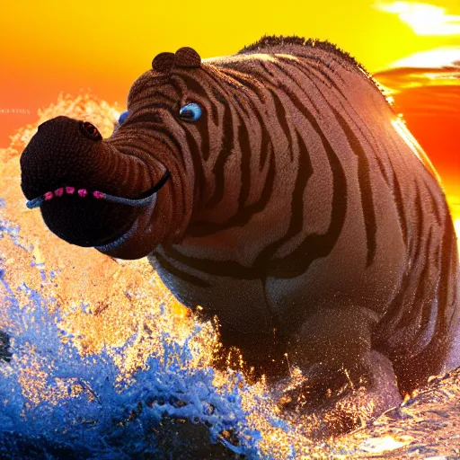 Image similar to a closeup photorealistic photograph of a cute smiling knitted tiger hippopotamus riding an epic wave at sunset. surf in the background. professional capture. brightly lit scene. this 4 k hd image is trending on artstation, featured on behance, well - rendered, extra crisp, features intricate detail, epic composition and the style of unreal engine.