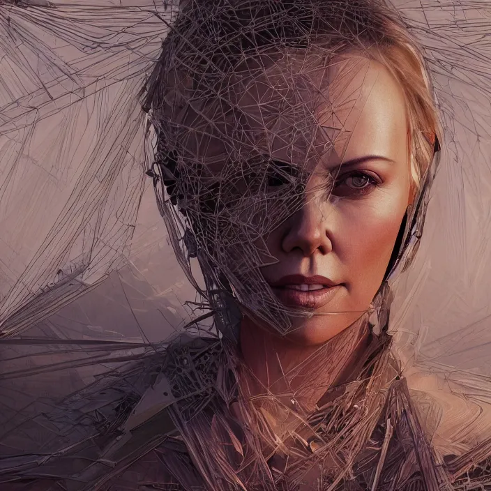 Prompt: portrait of Charlize Theron at Burning Man. intricate abstract. intricate artwork. by Tooth Wu, wlop, beeple, dan mumford. octane render, trending on artstation, greg rutkowski very coherent symmetrical artwork. cinematic, hyper realism, high detail, octane render, 8k, iridescent accents