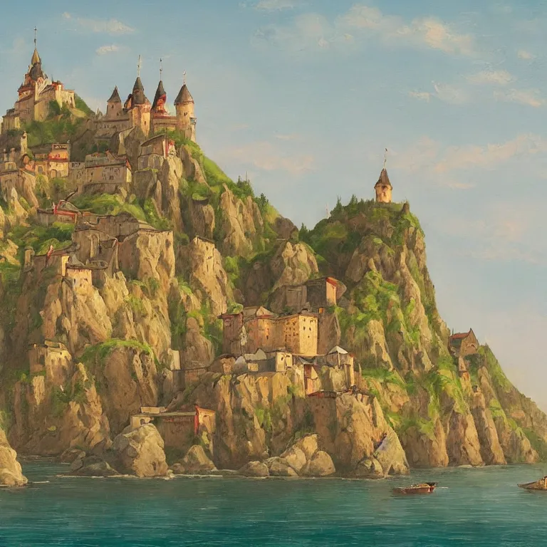 Image similar to in the style of andreev, alex, art of a medieval castle and bustling town floating on top of a giant rock next to a beach and a clear blue sea mountain range