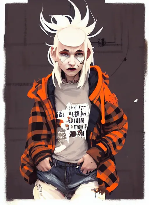 Prompt: highly detailed portrait of a sewer punk lady student, tartan hoodie, white hair by atey ghailan, by greg rutkowski, by greg tocchini, by james gilleard, by joe fenton, by kaethe butcher, gradient, orange, black, brown and cream color scheme, grunge aesthetic!!! white graffiti tag wall background