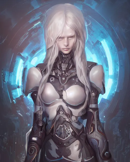 Image similar to holy cyborg necromancer girl, elegant, scifi, futuristic, utopia, garden, illustration, atmosphere, top lighting, blue eyes, white hair, focused, artstation, highly detailed, art by yuhong ding and chengwei pan and serafleur and ina wong