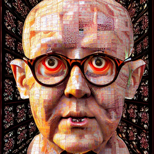 Prompt: beatifull frontal face portrait of gilbert and george, 1 5 0 mm, chromatic aberration, mandelbrot fractal, symmetric, intricate, elegant, highly detailed, ornate, ornament, sculpture, elegant, luxury, beautifully lit, ray trace, octane render in the style of peter gric and butcher billy