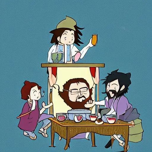 Image similar to tiny imaginary creatures having a tea party inside a human's beard. anime. in a style of hayao miyazaki.