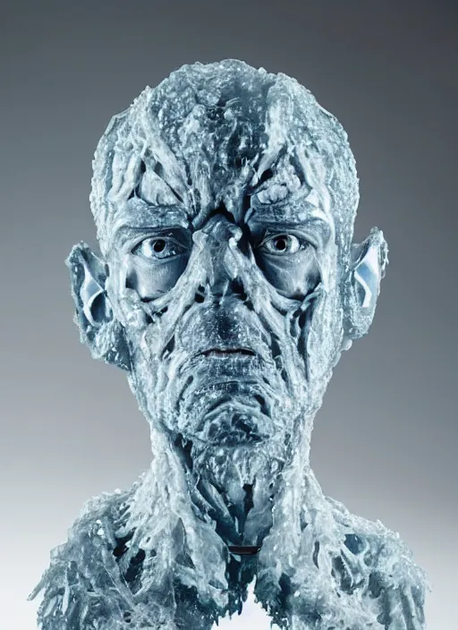 Image similar to a bust sculpture of anatomical detailed ice golem, rowan atkinson, blue blood, become human, ceramic base, orthographic, studio lighting