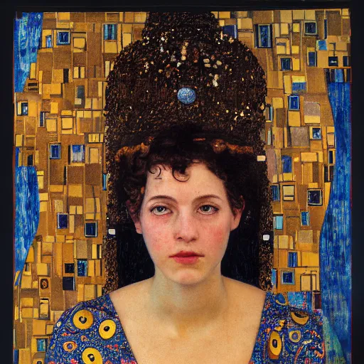 Prompt: a dramatic cinematic portrait photograph of athena influenced by gustav klimt.