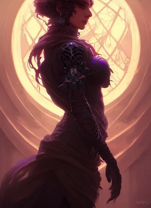 Image similar to Necromancer Sorceress, fantasy magic, undercut hairstyle, dark light night, intricate, elegant, sharp focus, illustration, highly detailed, digital painting, concept art, matte, art by WLOP and Artgerm and Greg Rutkowski and Alphonse Mucha, masterpiece