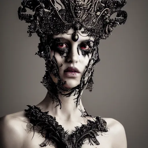 Image similar to a portrait of female model by stefan geselle and nekro borja, photorealistic, intricate details, hyper realistic, dark fantasy, ornate headpiece, dark beauty, photorealistic, canon r 3, photography, wide shot, photography, dark beauty, symmetrical features, wide angle shot, whole body, full body shot, 3 / 4 shot, environmental portrait