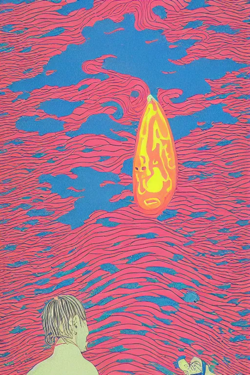 Prompt: a paper blotter tab of LSD acid on a tongue melting into a surreal psychedelic hallucination, screenprint by kawase hasui, moebius and dan hillier, colorful flat surreal design, hd, 8k, artstation