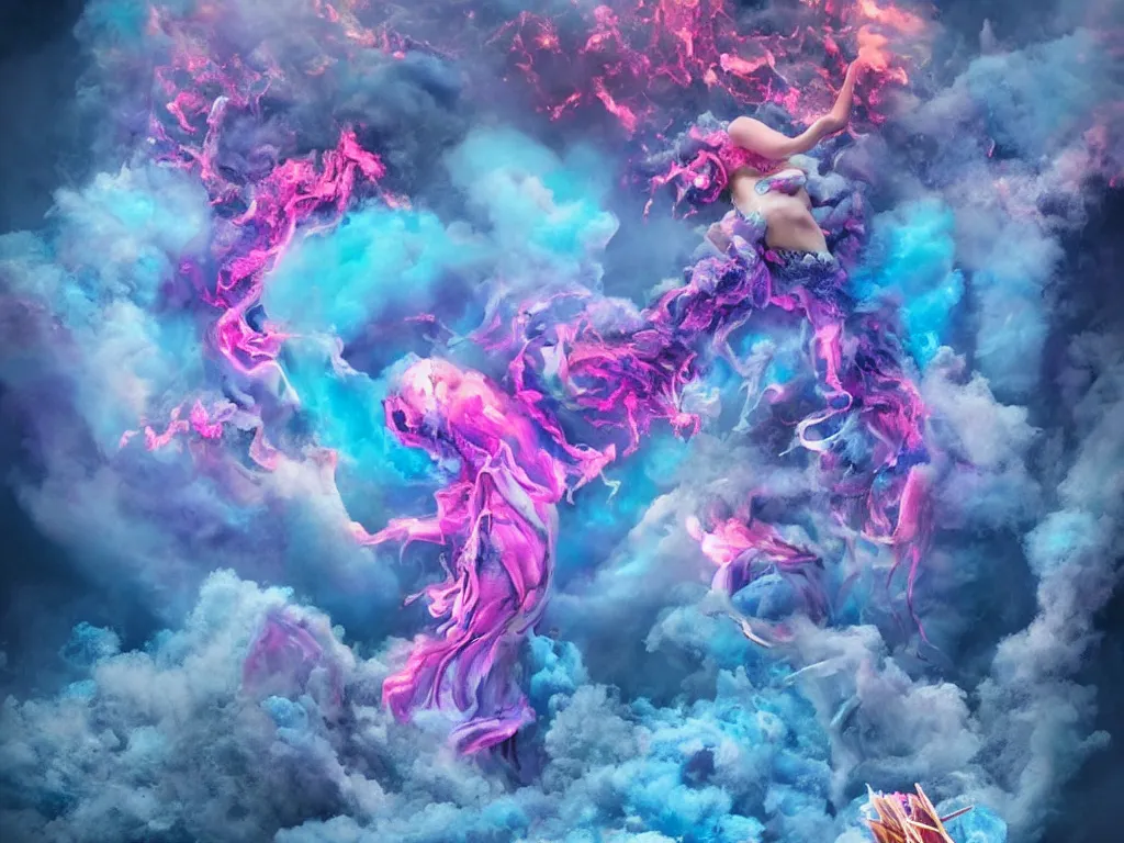 Prompt: Blue and pink fairy floss clouds in ice cream cones that explode into fire crackers and then the fire cracker sparkles settle into lines of cocaine and a dragon snorts a line and breathes fire that melts into acid and drips into a beaker that a mermaid drinks and then she turns into a demon mermaid and starts to glow