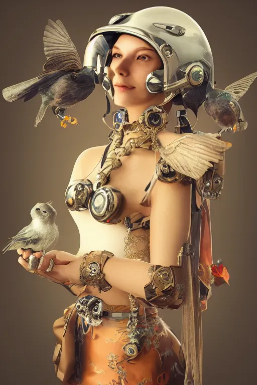 Prompt: cyber helmet 3 d render of english princess holding birds, ornaments, mucha vibe, dieselpunk, solarpunk, artstation, andrei riabovitchev