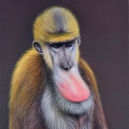 Prompt: An exquisite oil painting of a mandrill baboon dressed like Prince Philip with a lovely beard