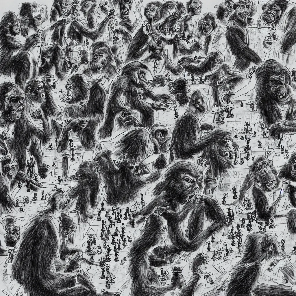 Prompt: Apes and monkeys playing Chess against Evil Shadow Creatures wearing tuxedos. Ballpoint pen art.