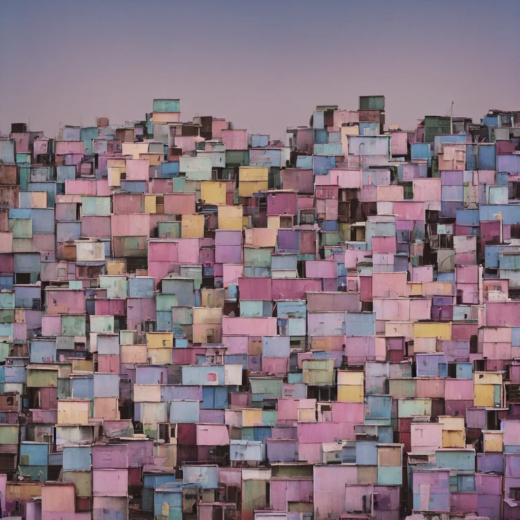 Prompt: vertically stacked makeshift squatter shacks with pastel colours, plain uniform sky at the back, misty, mamiya, ultra sharp, very detailed, photographed by alejandro jodorowsky