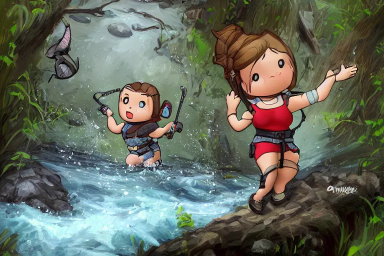 Image similar to wide shot of obese Chibi derpy Lara Croft climbing out of a roaring ancient river, fireflies by Lilia Alvarado