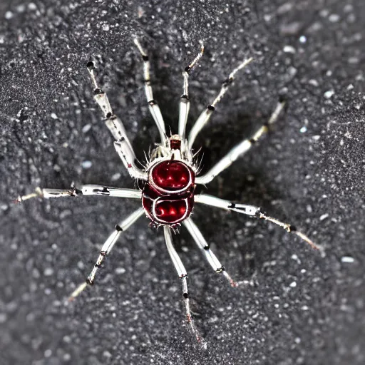 Prompt: macro photograph of a miniature mechanical spider made of silver and garnets, flickr