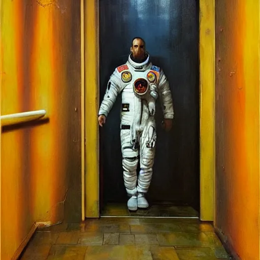 Prompt: diego dayer, hyperrealistic surrealism, award winning masterpiece with incredible details, a surreal vaporwave painting of door leading to nowhere, mirrors everywhere, highly detailed, astronaut