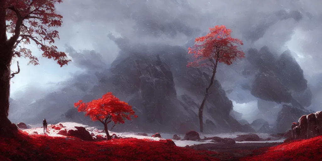 Image similar to A beautiful oil painting of a rocky valley covered in snow, trees with red leaves, thunderstorm in the sky, blue lighting, gloomy, atmospheric lighting, detailed, by greg rutkowski, trending on artstation