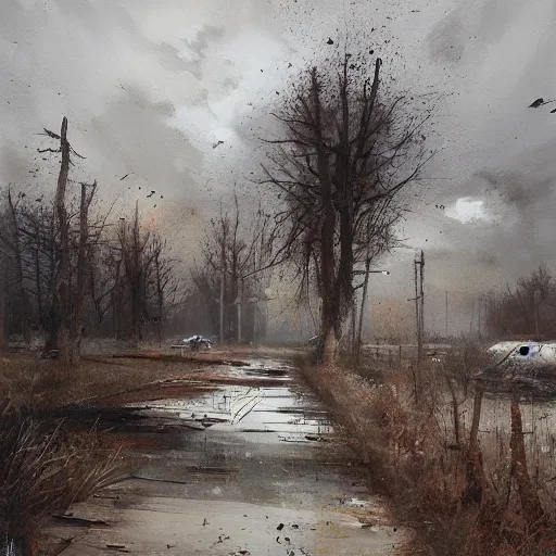 Image similar to painting by jakub rozalski of post abandoned soviet city