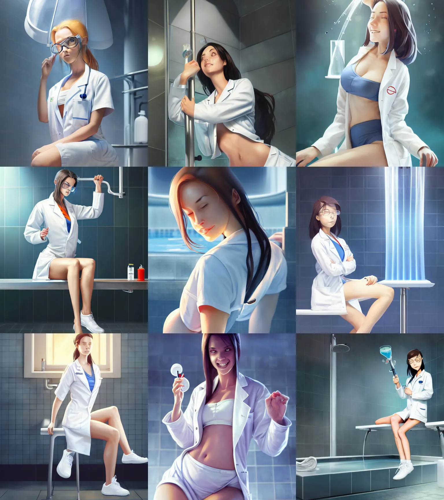 Prompt: attractive scientist girl in the labcoat, sitting at the bench in the pool shower, hourglass slim figure, juicy legs, white lab coat, sport bra and shorts, visible stomach, thigh focus, full body shot close up, seductive smile, details, sharp focus, illustration, by Jordan Grimmer and greg rutkowski, Trending artstation, pixiv, digital Art