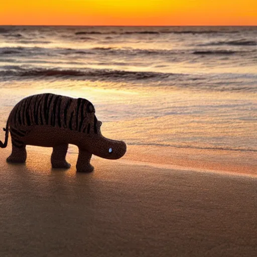 Image similar to a closeup photorealistic photograph of a cute smiling knitted tiger hippopotamus chasing a beachball at sunset. surf in the background. professional capture. this 4 k hd image is trending on artstation, featured on behance, well - rendered, extra crisp, features intricate detail, epic composition and the style of unreal engine.